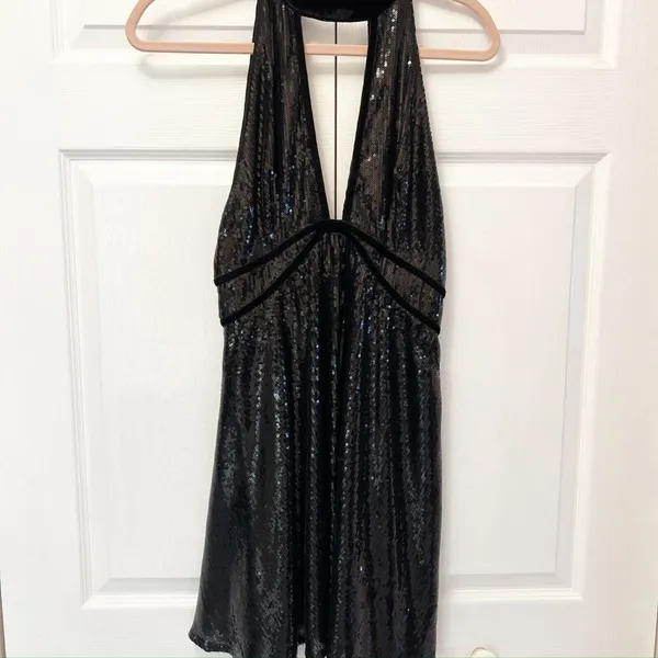 Free People Size 4 Mini Dress‎ Black "Film Noir" Sleeveless Sequins Plunge - Image 5