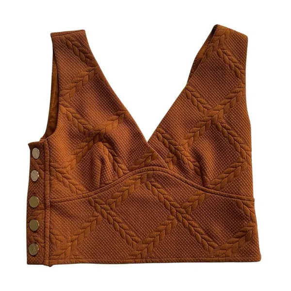 Maeve Anthropologie Button Side Cropped Top Vest Pecan Brown Size XS - Image 4