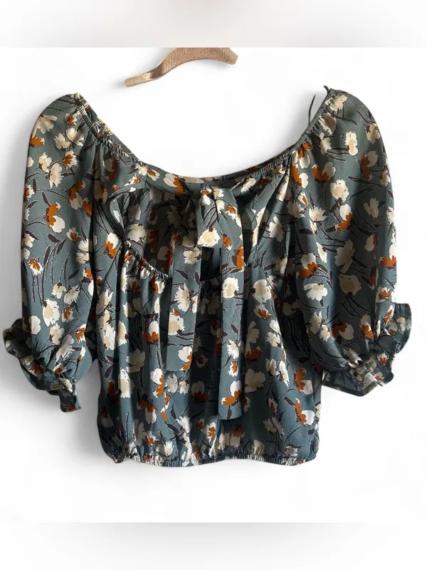 Sienna Sky Teal Blue Floral Off-Shoulder Puff Sleeve Top size M - Image 3