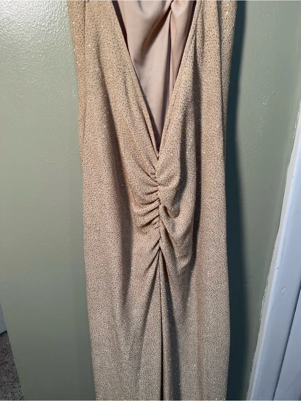 Vintage Bari Jay Women's Maxi Dress Halter V-Neck Cinched Beige‎ Gold Glitter - Image 9