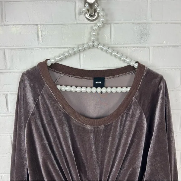 Nude Mocha Brown Velvet Tie Front Oversized Long Sleeve Crop Top Size S - Image 4