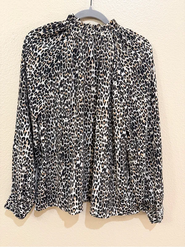 The Limited Leopard Print Tie Neck Blouse Size L Long Sleeve Animal Print - Image 3