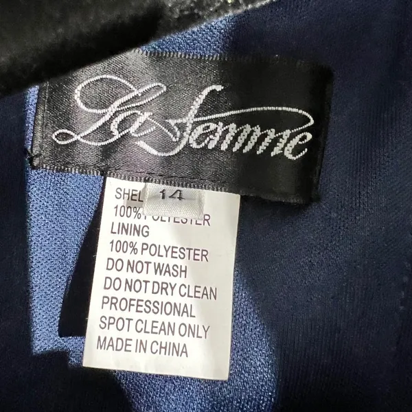 La Femme Navy Sequin Ruched V-Neck Evening Gown Dress Size 14 - Image 4