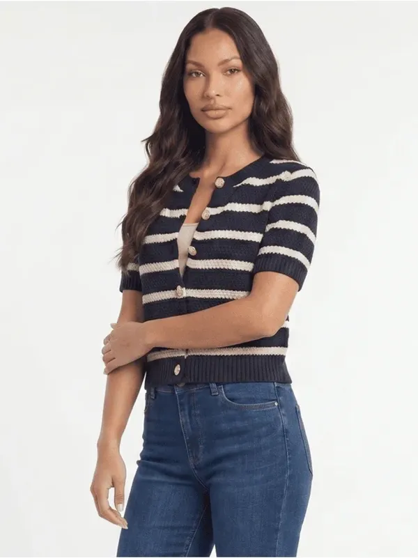 Striped Navy and White Short-Sleeve Knit Cardigan Size Large NEW - Image 6