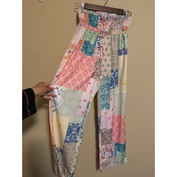 Multicolor Patchwork High Waisted Wide Leg Smocked Waist Pants Small Boho Summer Pink - Image 2