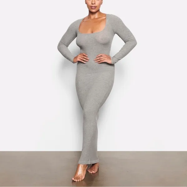 Skims Soft Lounge Long Sleeve Dress Maxi Gray Size Small - Image 7