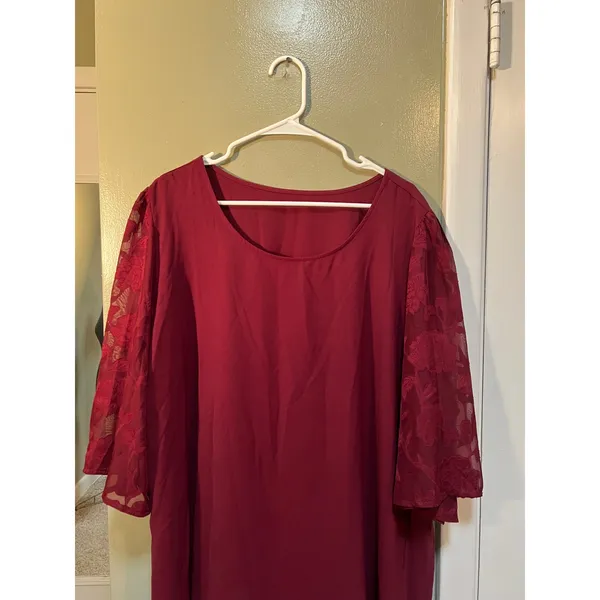 Women's Plus Size 3XL Midi Dress Burgundy Lace Sleeves Hem Scoop Neck 3/4 Sleeve - Image 2