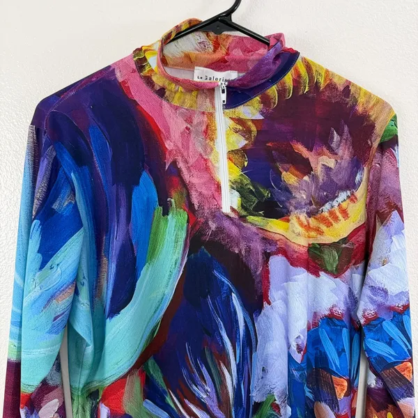Le Galeriste Top Womens XL Blue Pink Abstract Floral Art Print Quarter Zip Mock - Image 2