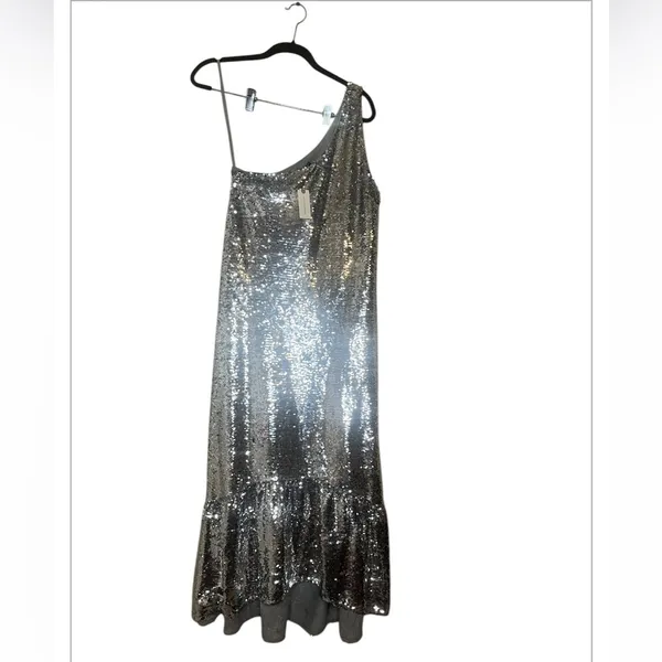 NWT MAEVE Anthropologie One Shoulder Sequin Ruffle Maxi Dress Silver XS - Image 5