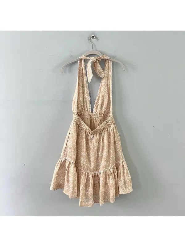 NWT Mon Renn Havana Crochet Print Tan Linen‎ Halter Mini Dress - Image 3