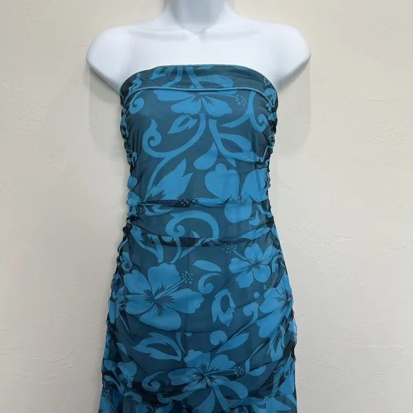 VTG Y2K 90s Sz 10 Asymmetric‎ Dress Fairy Midi HOCO Floral Mesh Strapless Ruffle - Image 4