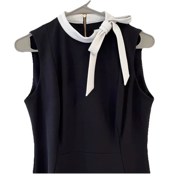 Calvin Klein‎ Black White Bow High Neck Sleeveless Stretch Crepe Sheath Dress 8 - Image 4