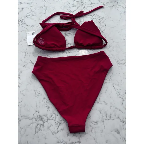 New Quince Cherry Red Italian Triangle Full Coverage Bikini Top High Leg Bottom - Image 2