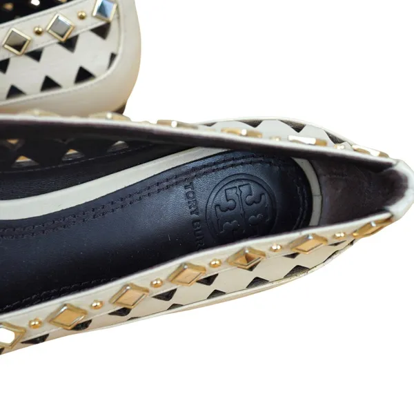 Tory Burch Flats Women Size 5 Cream Leather Studded Laser Cut Out Mirror Work - Image 2
