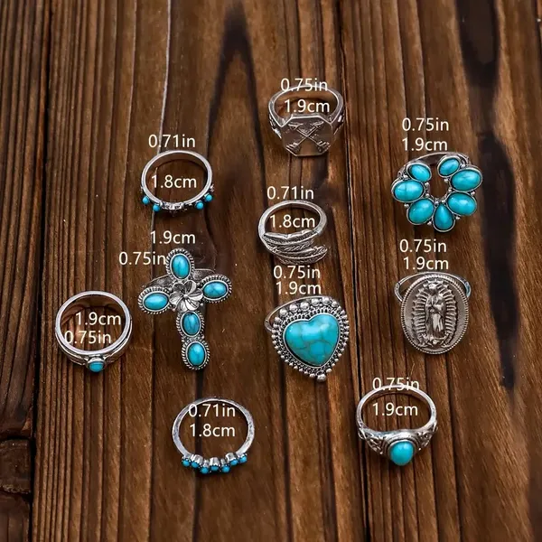 NEW 10pcs Boho Western Stacking Rings – Vintage Cross, Heart, & Floral Set - Image 3