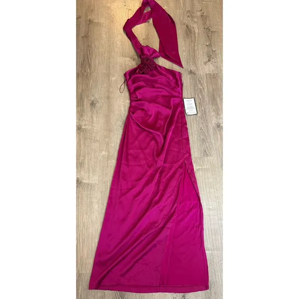 Taylor Women's Pink Rosette-Trim Halter Ruched Side-Slit Gown Dress Size 8 - Image 4