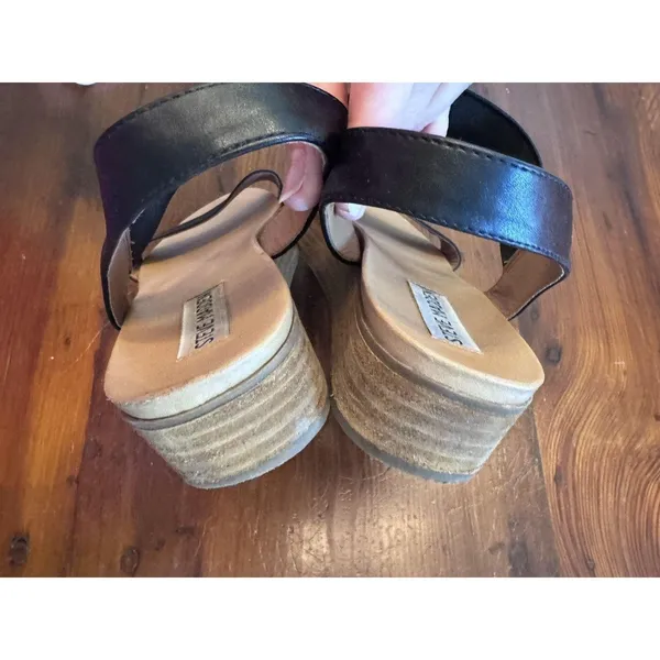 Steve Madden Black Leather Wooden Flatform Sandals, Size 9 - Image 5
