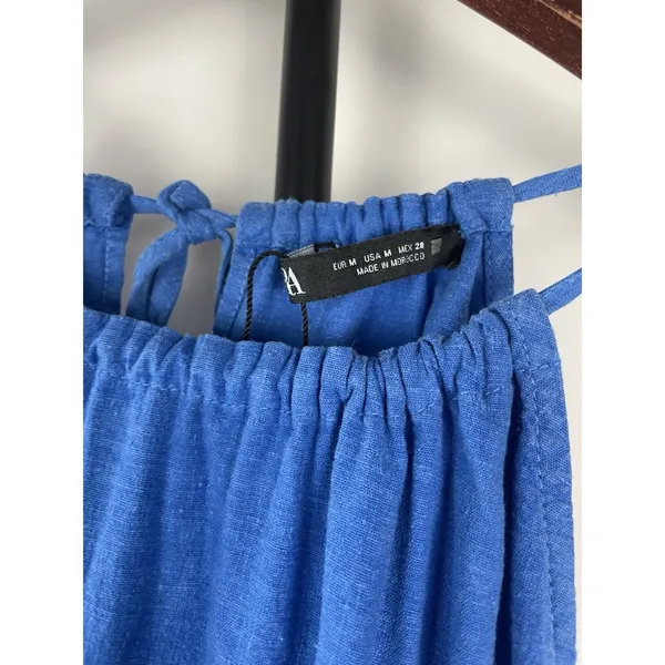 Zara Linen Blend Blue Ruffle Hem Mini Strappy Halter Casual Dress Size‎ M - Image 3