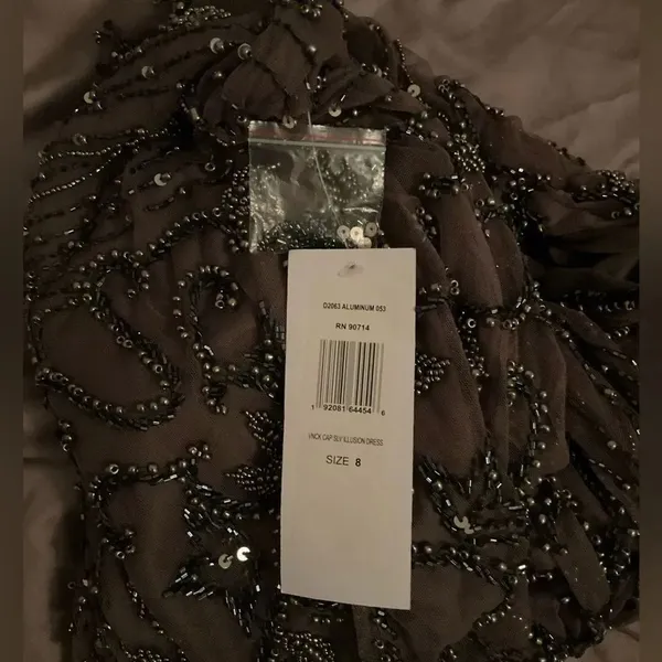 NWT Pisarro Nights Size 8 Beaded Mesh Column Gown Aluminum - Image 14