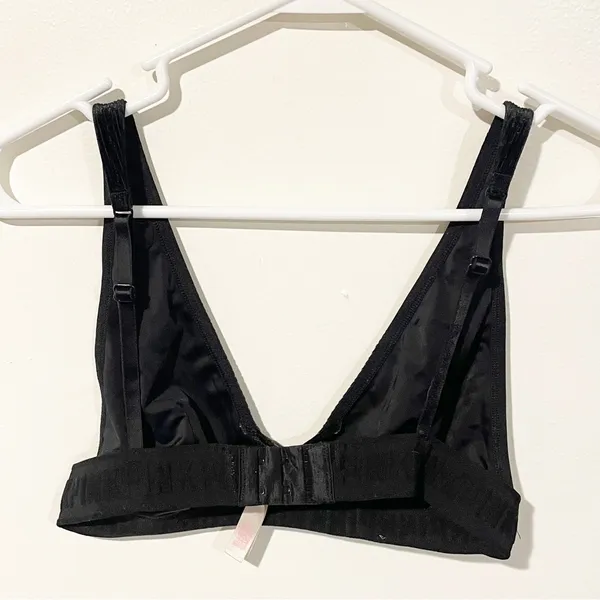 Victorias Secret Pink Size Medium Black Velvet Ribbed Deep‎ V Bralette - Image 4