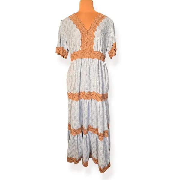 Davi & Dani Blue Lace Trim Tiered Maxi Dress Cottagecore Boho Dress Romantic - Image 3