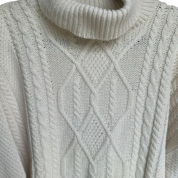 Vintage 90s Fisherman Style Cable‎ Knit Turtleneck Sweater Ivory Cotton USA L - Image 4