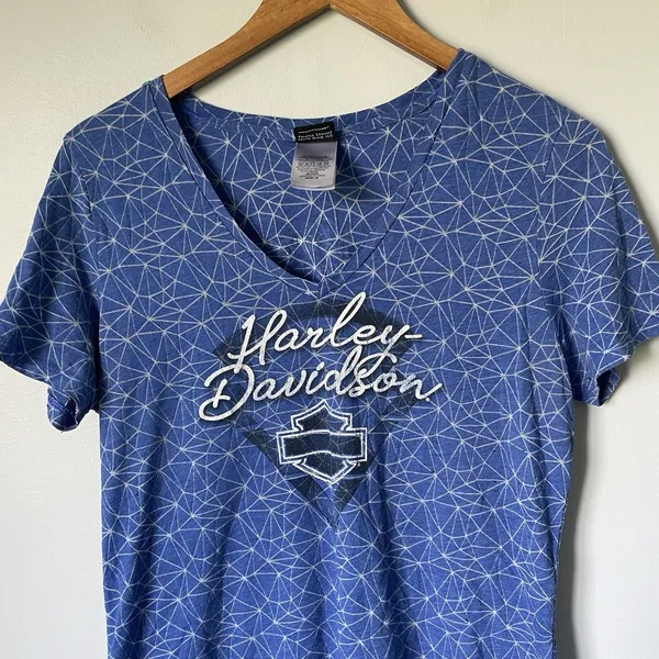 Harley Davidson T-Shirt V-Neck Blue Patterned Barnett El Paso, Texas Women's Med - Image 3