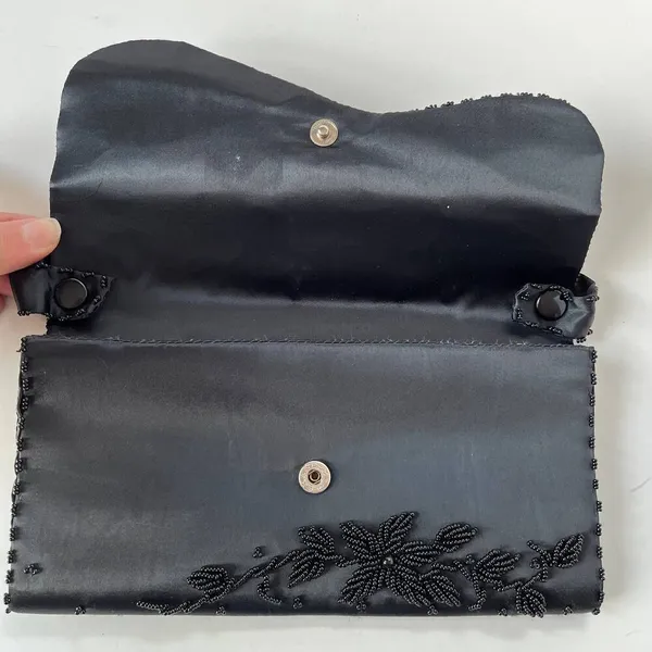 Vintage Walborg Richere Hand Beaded Evening Bag Purse Black Clutch Satin Glam - Image 8