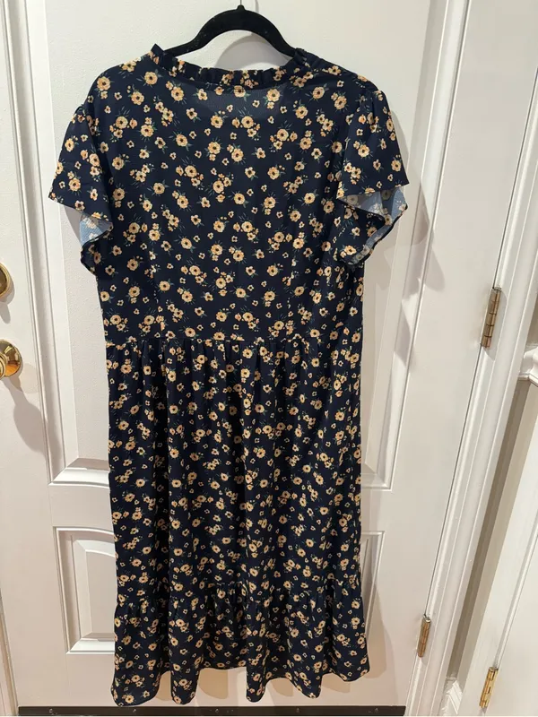 Crimson Floral Midi Dress Womens L Navy Blue Yellow Floral Ruffle Sleeve Boho - Image 8