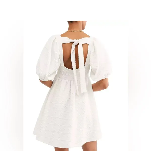 Free People Violet‎ Mini Dress White Puff Sleeve Bow Back NWT M - Image 2