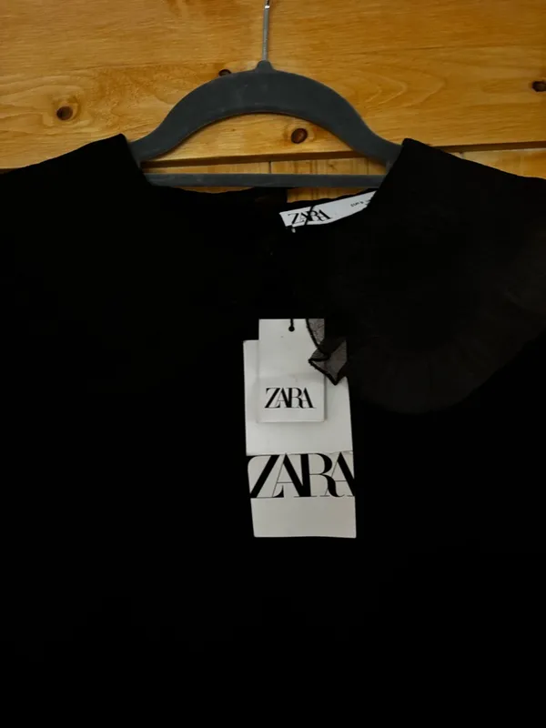 NWT Zara Black Knit Mini Dress Organza Sleeves ruffled Peter Pan collar Size‎ S - Image 4