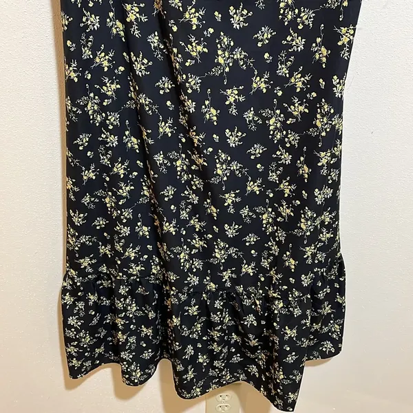 o.p.t. Toile De Jouy Midi Dress Ruffle Tie Straps Black Floral Size Large - Image 7