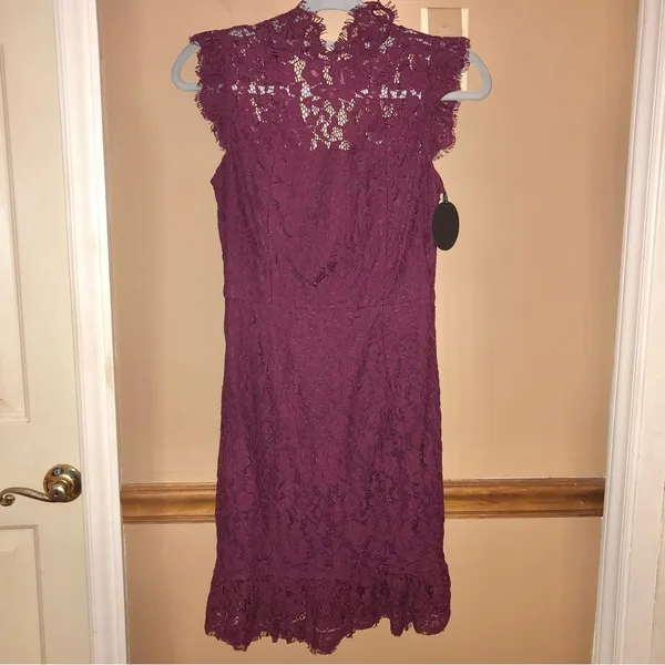 Storia High Neck Lace Mini Dress‎ burgundy red size small - Image 2