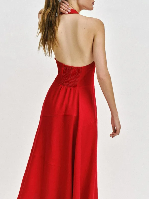 Zara Red Linen Blend Halter Midi Dress Size S Cowl Neck Tortoiseshell Buttons - Image 13