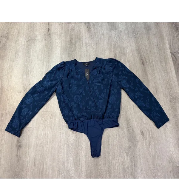 Lulus Navy Blue Floral Jacquard Surplice Long Sleeve Bodysuit Medium Dressy Chic - Image 5