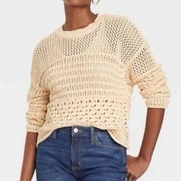 UNIVERSAL THREAD Cream Beige Mixed Knit Crochet Open Weave Crew Neck Sweater S - Image 2