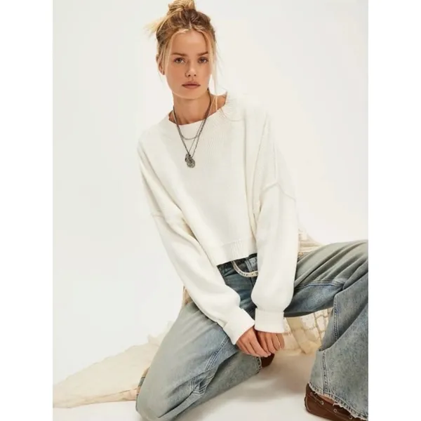 Free People Easy Street Crop Pullover Sweater in White Size Medium Preppy Fall - Image 2