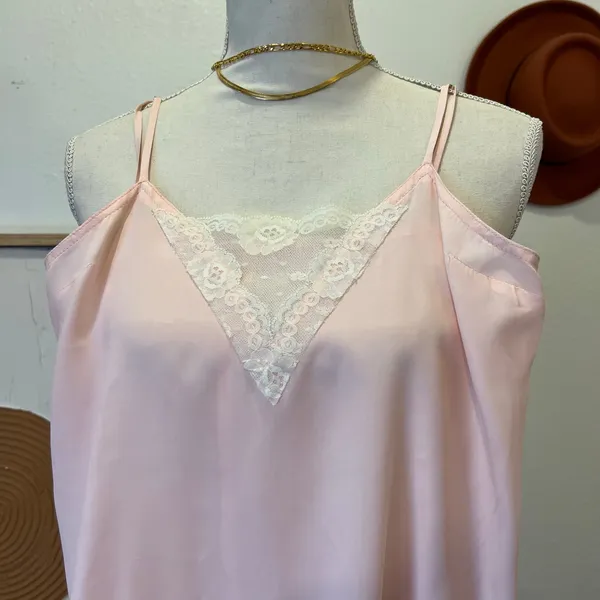 Vintage 1970s Handmade Pale Pink Lace Trim Silky Slip Lingerie Dress - XS - Image 5