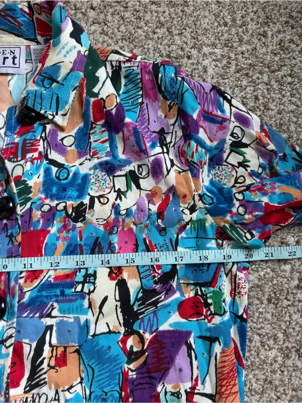 KEREN hart Colorful Abstract Button-Down Shirt Turquoise, Purple & Red Vintage - Image 5