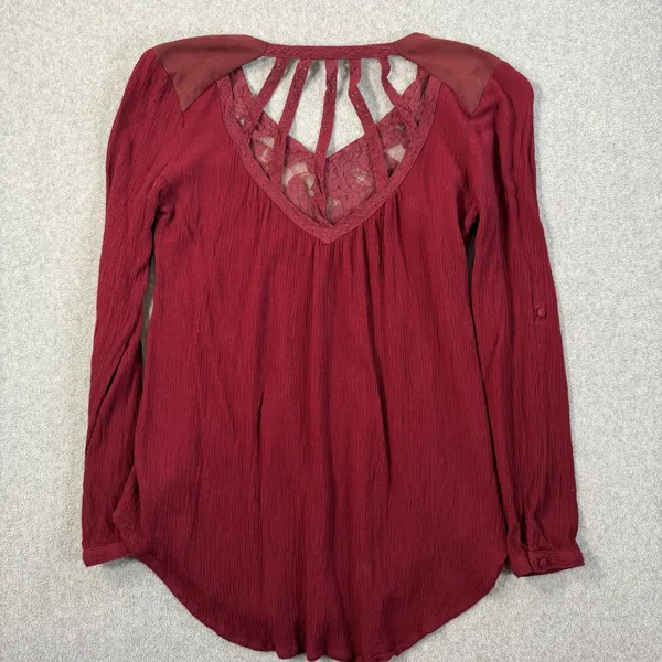 Miss Me Women's XS Burgundy Cut Out Lace V-Neck Blouse Roll Tab Long Sleeve - Image 12