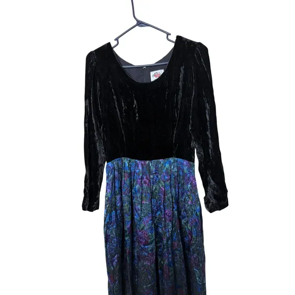 Lanz Originals Vintage Black Velvet Metallic Brocade Floral‎ Midi Dress USA Made - Image 2
