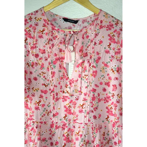 Dokotoo Floral Mini Dress Womens Small Pink NWT Boho Tassel Tie Neck Babydoll - Image 2