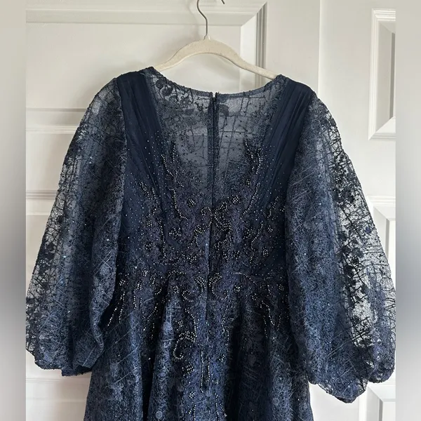 Mac Duggal 20391‎ Embellished Plunge Neck Bishop Sleeve Dress Sz 4 Midnight - Image 7