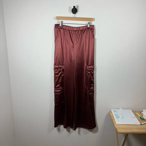 Persaya Women’s Wide Leg Satin Cargo Pants in Burgundy/Brown Size XL - Image 3