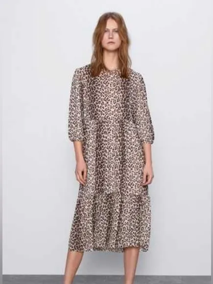 Zara Leopard Print Tiered Midi Dress Women’s Size M - Image 3