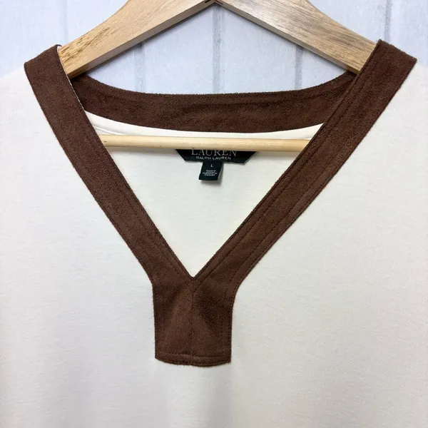 Ralph Lauren V neck Cream and Brown Cotton Long‎ Sleeve Top Size L - Image 4