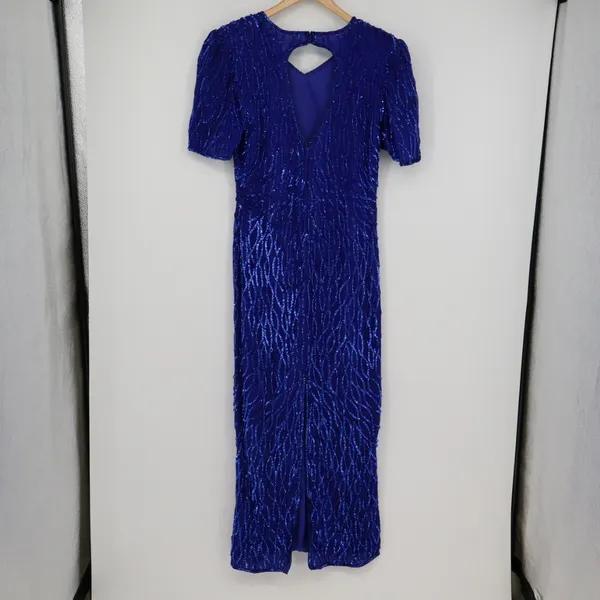 Vintage Silk Sequin Evening Gown Maxi Dress Lined Blue Elegant Zipper M/L 19"P2P - Image 9