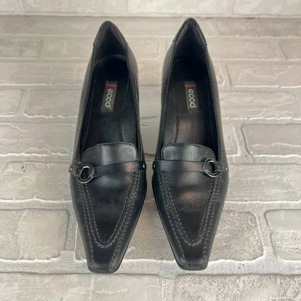 ECCO Loafer Pumps Women 7.5 38 Black Leather Pointed Toe Block Heel Strap Office - Image 7