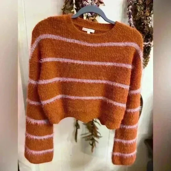 Gianni Bini Eyelash Knit Striped Sweater Bell Sleeve‎ Scalloped Orange Fall Fisherman - Image 4