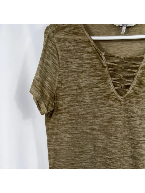 BKE Olive Lace Up V-Neck T-Shirt Size S - Image 3